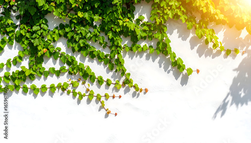 Lush green ivy climbing on a white wall in bright sunlight decorative element