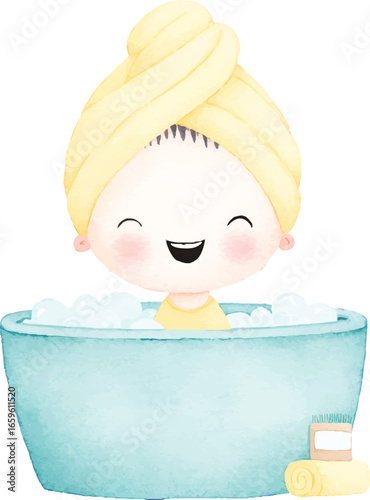 Happy Child in Bath Watercolor Illustration Cute Baby Bath Time.