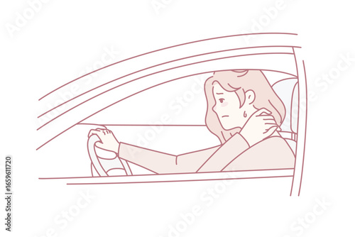 Unhealthy woman driving suffering from neck spasm from sedentary position. Unwell tired female driver struggle with backache or pain, have muscle strain. Flat vector illustration.