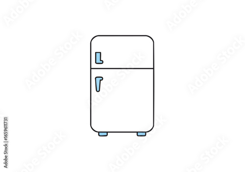 A simple vector illustration of a white two-door refrigerator with blue handles and feet, isolated on a white background.