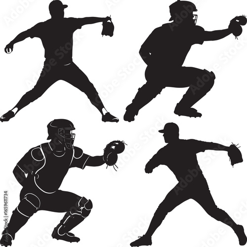 Baseball players catcher and pitcher vector silhouette
