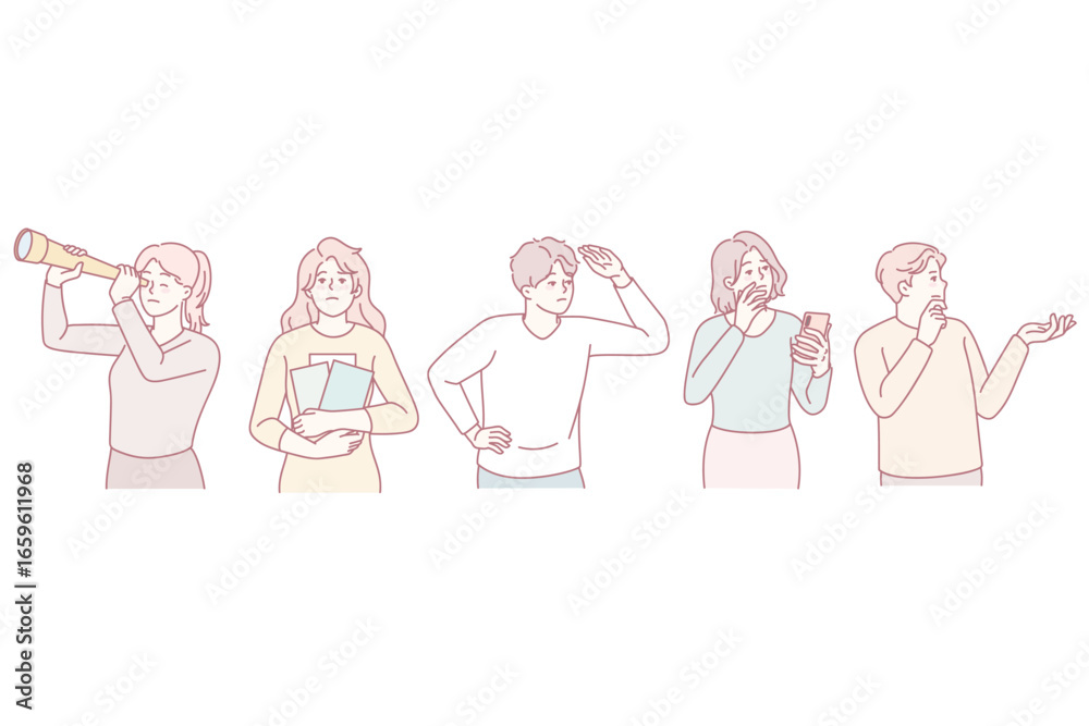Diverse people with binoculars and spyglass feel confused looking for problem solution. Men and woman frustrated with dilemma, solving business trouble together. Vector illustration. Diverse people with binoculars and spyglass feel confused looking for problem solution. Men and woman frustrated with dilemma, solving business trouble together. Vector illustration.