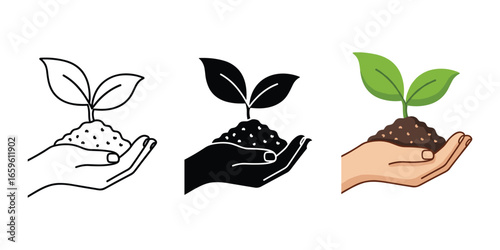 Hands holding plant in soil vector illustration representing growth and care for earth ecosystem for agriculture and sustainable lifestyle banner