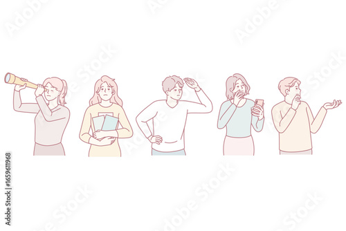 Diverse people with binoculars and spyglass feel confused looking for problem solution. Men and woman frustrated with dilemma, solving business trouble together. Vector illustration.