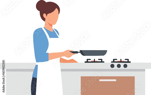 Woman skillfully cooks delicious meal in modern kitchen, creating culinary magic