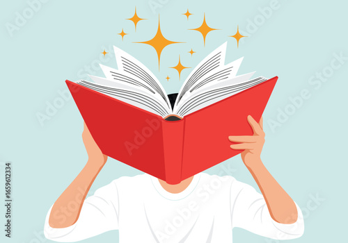 Person Holding Open Red Book with Sparkling Light Emanating From It for Creative Learning