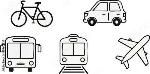 Diverse transportation icons bicycle car bus train airplane for journeys and travel concepts