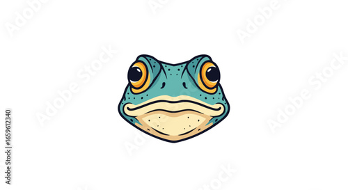 A stylized illustration of a cute frog's head, depicted in a cartoonish vector art style with large, expressive orange eyes.