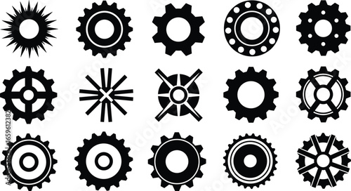 Gear icon set, vector cogwheel design, mechanical gear collection, engineering tool icons, black industrial gear symbols, rotating machine parts