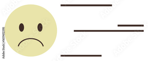 Minimalist sad face emoticon with curved mouth and expressive eyes, paired with horizontal lines indicating speed, movement, or emotional expression. Ideal for communication, feelings, sadness