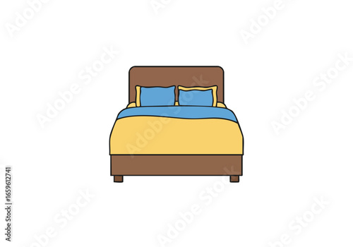 A simple cartoon illustration of a neatly made double bed with a brown frame, blue pillows, and a yellow comforter.