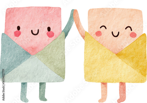 Watercolor Envelopes Giving High Five Cute Friendship Illustration.