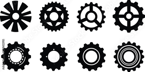 Gear icon vector, black cogwheel design, mechanical gear symbol, industrial machine element, engineering gear shape, tool gear illustration