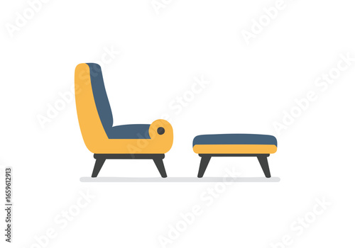 A modern yellow and blue armchair with a matching footstool ottoman on a white background.