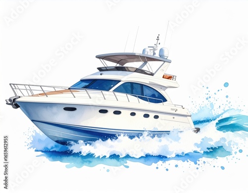 A digital watercolor illustration of a white speedboat moving with a splash trail.
