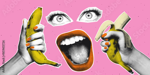 Pop art collage eyes, mouth and hands holding bananas. Halftone style. Perfect for zines, editorial covers, poster art, album visuals, social media