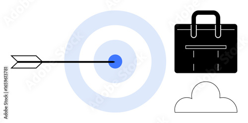 Arrow hitting targets center, briefcase symbolizing career, and cloud for innovation. Ideal for goal-setting, business strategy, career planning, productivity, teamwork focus and innovation. Simple