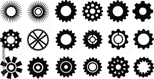 Gear icons set, mechanical cogwheels vector, rotating parts collection, black gear symbols, industrial machine elements, editable gear shapes, engineering tool icons
