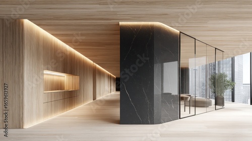 A modern interior design shows a wooden hallway leading to an office space, illuminated