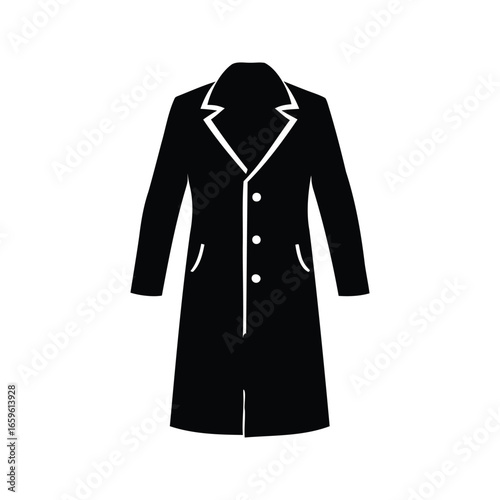 Sleek black overcoat with white lapel, featuring pockets and button details, Black coat for men silhouette vector illustration