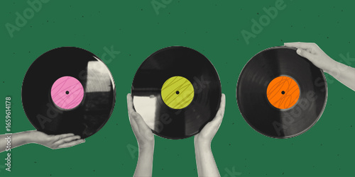 Halftone collage with featuring hands holding vinyl records set. Halftone dot effect, retro style with transparent background. For zines, posters, DIY flyers, tattoo, graphics, album art, music shop