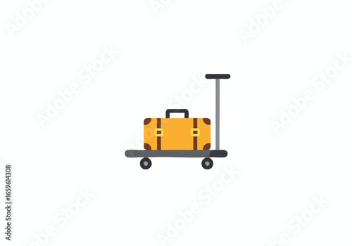 A flat vector illustration of a yellow suitcase with straps sitting on a grey luggage trolley, isolated on a white background.