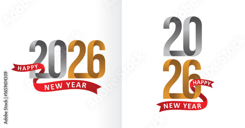 2026 Happy New Year creative typography design with metallic gradient numbers and red ribbon