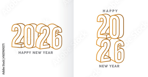 Happy New Year 2026 Golden 3D Outline Numbers