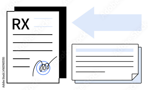 RX prescription paper with signature, data transfer arrow, and accompanying information cards. Ideal for healthcare, pharmacy, data sharing, technology, paperwork, communication and digital