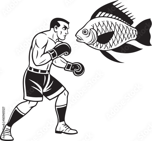 Funny cartoon vector of a boxer wearing gloves and playfully punching a fish