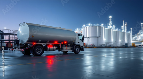 Tanker truck leaving industrial plant at dusk
