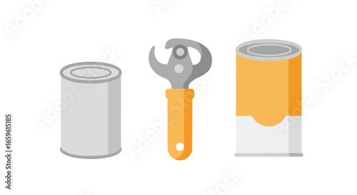 A collection of kitchen essentials: two tin cans and a manual can opener isolated on a white background.
