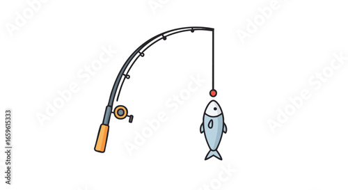 A detailed illustration of a fishing rod with a fish caught on the hook, ready to be reeled in.