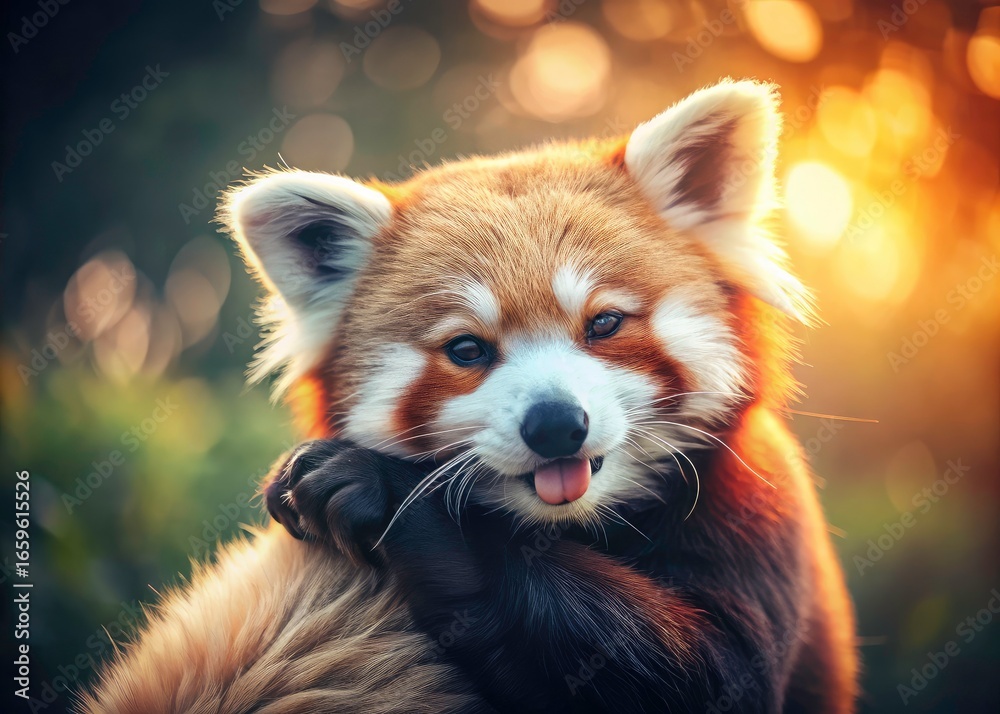 Obraz premium Retro charm meets cute wildlife: a vintage photo of a red panda preening.