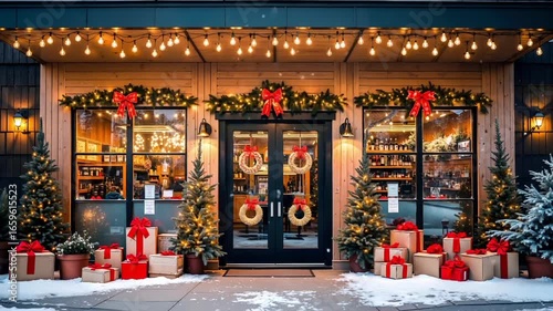 A store front with presents and christmas decorations outside of it