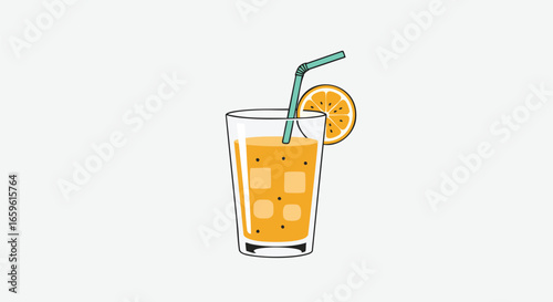 A tall glass of refreshing orange juice with ice cubes and a slice of orange, served with a straw.