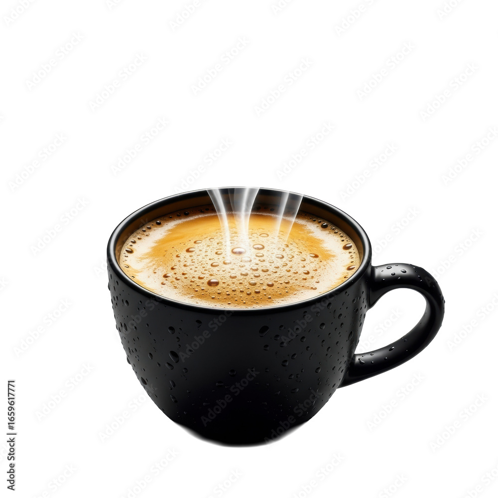 Obraz premium Freshly brewed caffè americano in matte black ceramic mug with glistening condensation, golden crema, amber liquid, luminous rising steam, isolated transparent, macro close-up, sophisticated comfort