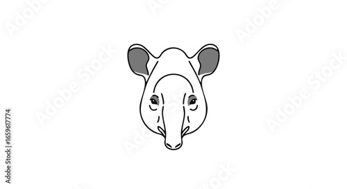 A simple black and white line drawing of a tapir's head facing forward.