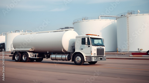 White tanker truck leaving industrial area with storage tanks