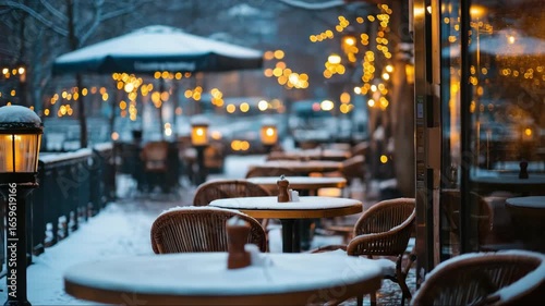 Cozy outdoor cafe covered in snow with warm lights illuminating the winter night ambience in a charming urban setting