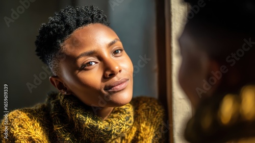 Woman looking at herself in a mirror
