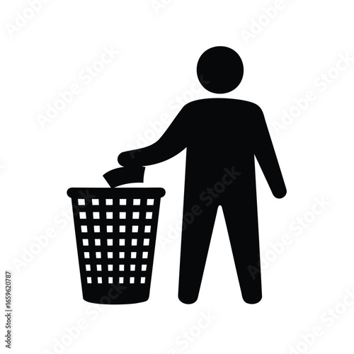 Silhouette of a person throwing garbage into a square basket container