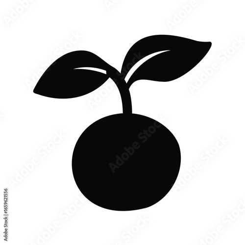 Black silhouette of a small plant with leaves growing from a bulb