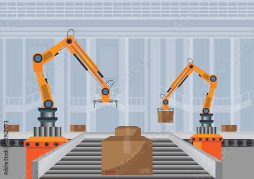 Conveyor line and Robotic equipment in factory. Robotic arms
