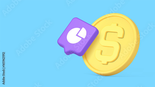 Modern financial concept featuring pie chart and gold coin on blue background, ideal for illustrating economy trends, business insights, statistics. 3d icon copy space banner vector illustration