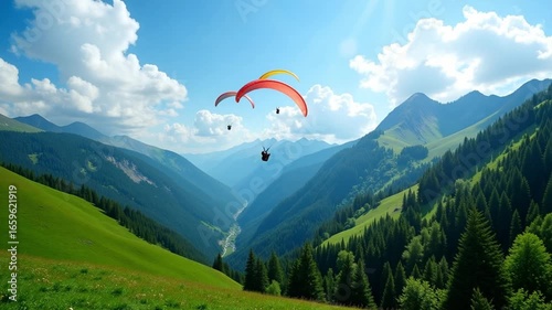 Ai generative Dynamic paragliding adventure over lush green mountain valley on a beautiful summer day