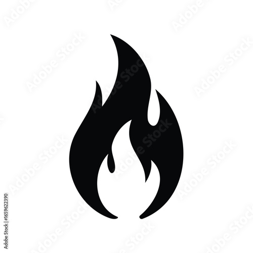 Stylized Black Fire Flame Icon Symbol on a Plain White Background