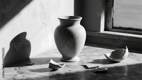 A cracked vase with broken pieces scattered on a table, illuminated by natural light from a window.