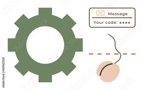 Gear symbolizing systems, email authentication, and a secure password entry metaphor with a mouse. Ideal for security, technology, verification, data privacy, cybersecurity, authentication simple