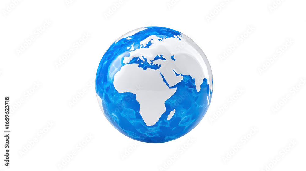 Naklejka premium Globe earth planet world blue white water continents Africa Europe Asia shiny realistic 3D isolated transparent global environment geography map sphere international nature clean modern digital